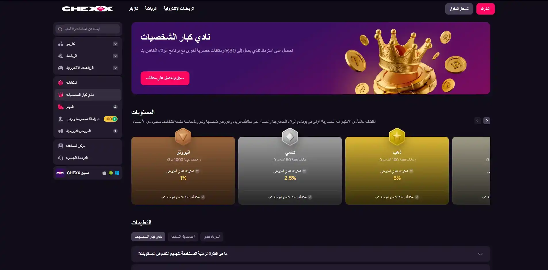 لقطة حقيقية من صفحة VIP أو Promotions الحالية في CHEXX