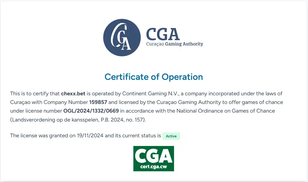سجل ترخيص CHEXX لدى Curaçao Gaming Authority
